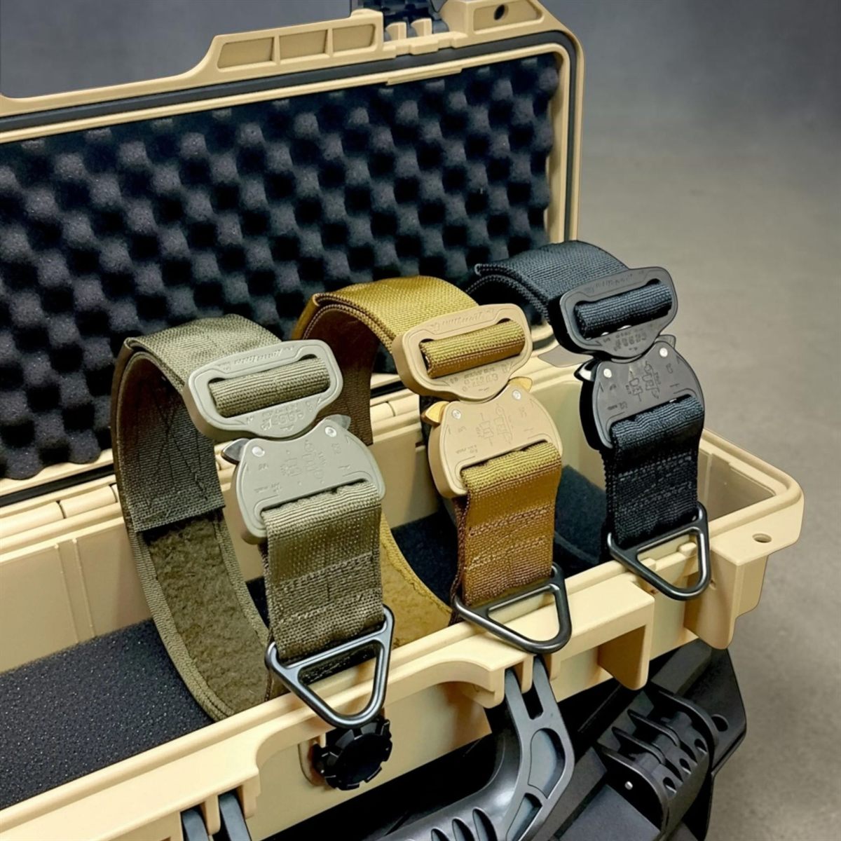 Drei Einsatzhalsungen in Oliv, Coyote Brown und Schwarz mit Cobra-Schnalle in einem Transportkoffer